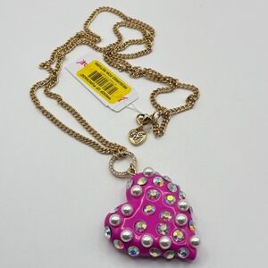 Betsey Johnson Large Pink Heart Gold Tone Necklace - 34"